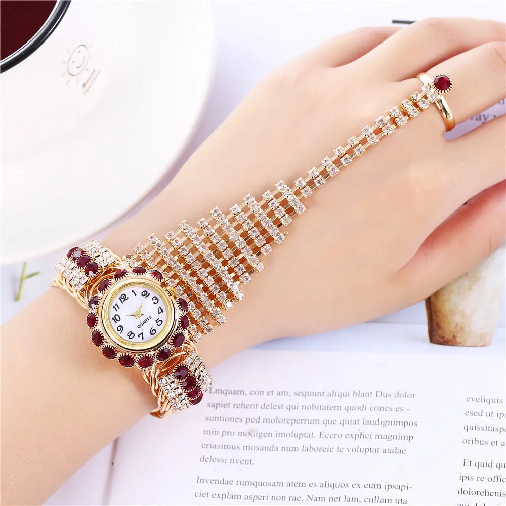 Trendy Women's Diamond Claw Chain Ring Set Watch Fashion Women's Wrist Watch