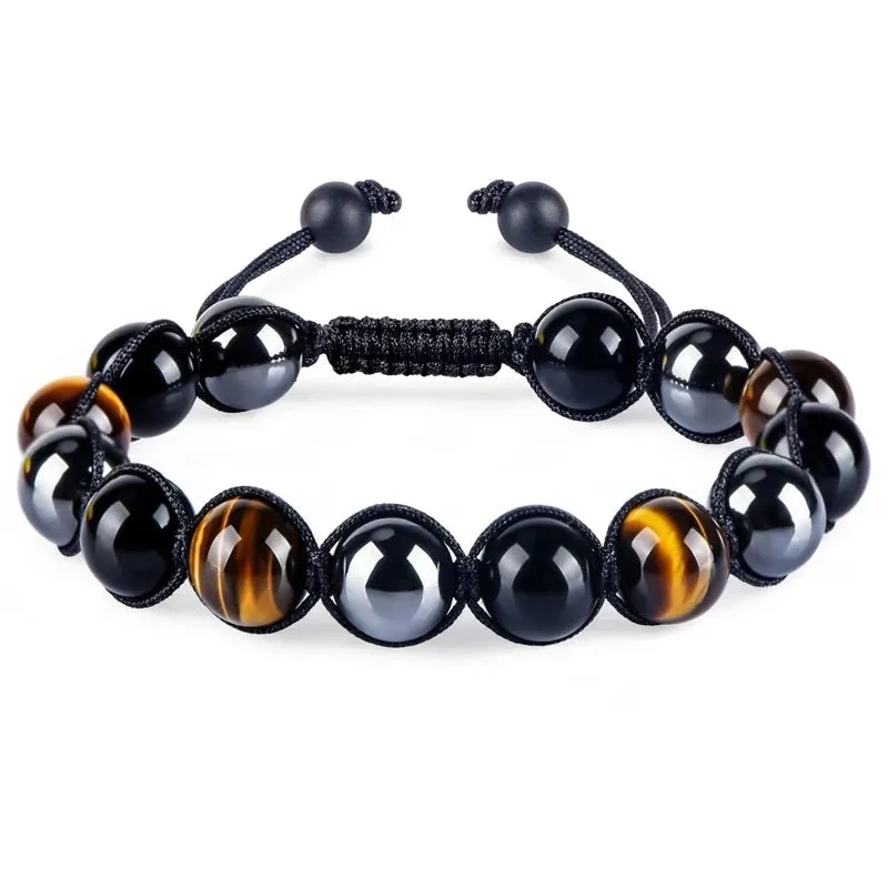 Triple Protection Bracelet 8mm Beads Bracelet Tigers Eye Black Obsidian Hematite Bracelet for Men Women Healing Crystal Bangle