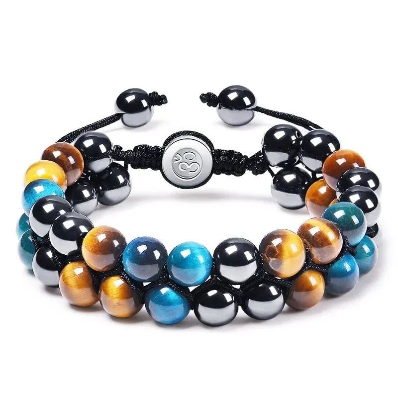 Triple Protection Bracelet 8mm Beads Bracelet Tigers Eye Black Obsidian Hematite Bracelet for Men Women Healing Crystal Bangle