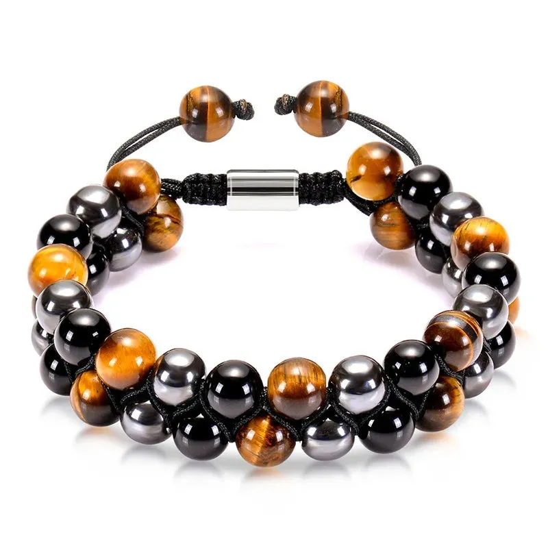 Triple Protection Bracelet 8mm Beads Bracelet Tigers Eye Black Obsidian Hematite Bracelet for Men Women Healing Crystal Bangle