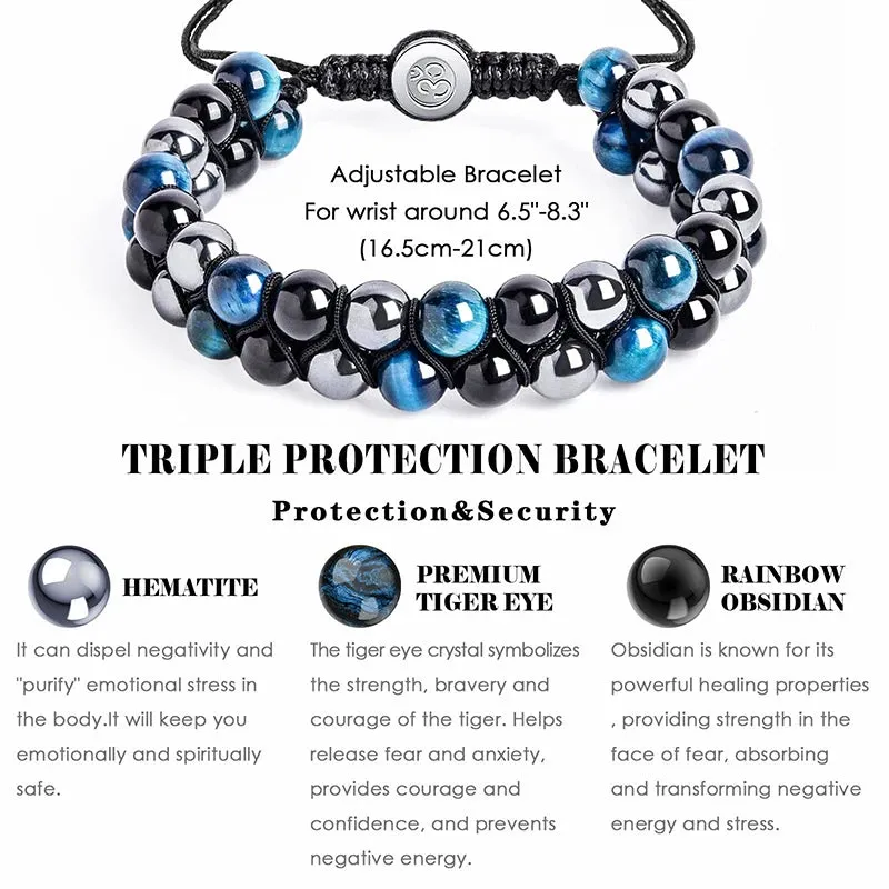 Triple Protection Bracelet 8mm Beads Bracelet Tigers Eye Black Obsidian Hematite Bracelet for Men Women Healing Crystal Bangle