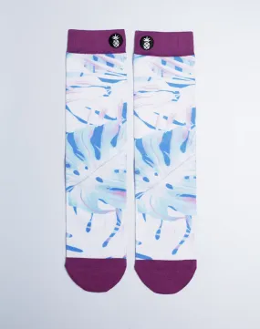 Unisex Neon Palm Leaves Tropical Printed White Crew Socks