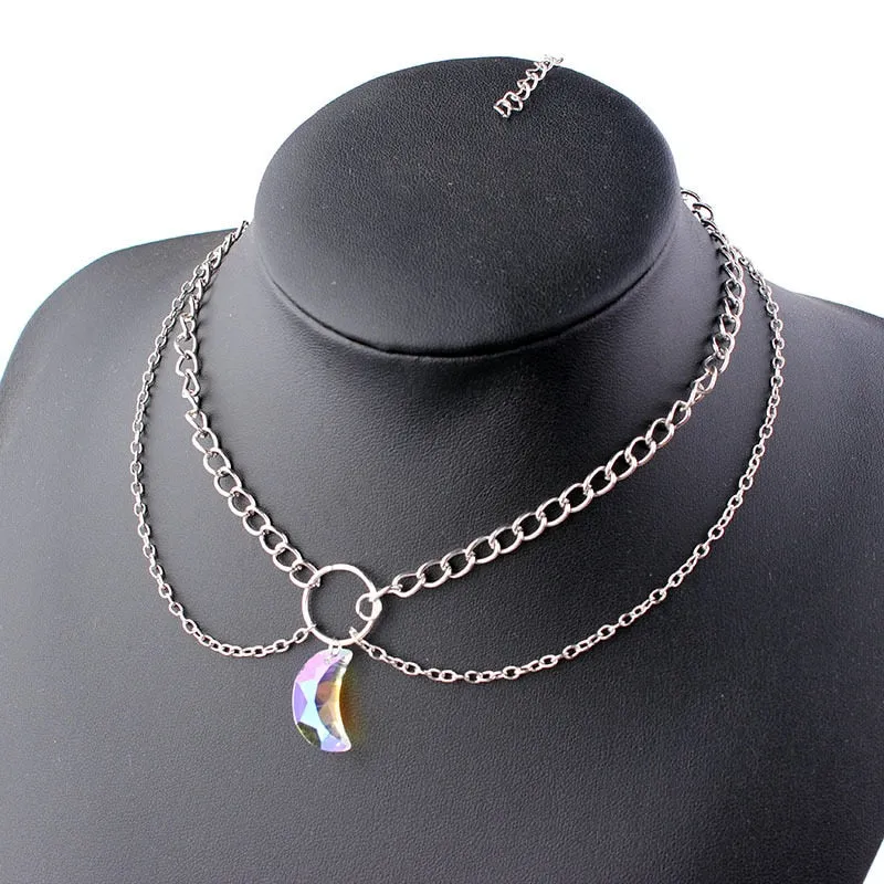 VenusFox Crystal Moon Pendant Chain Multi-layer Necklace for Women Girl Gift Jewelry