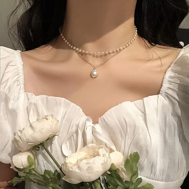 VenusFox New Fashion Elegant White Pearl Choker Necklace Cute Double Layer Chain Pendant For Women Jewelry Girl Gift