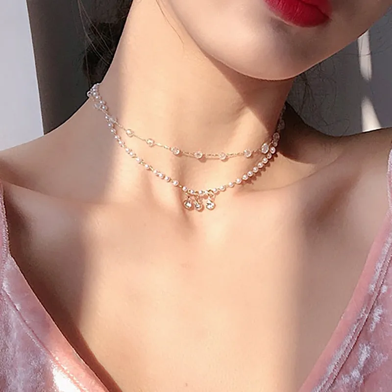 VenusFox New Fashion Elegant White Pearl Choker Necklace Cute Double Layer Chain Pendant For Women Jewelry Girl Gift