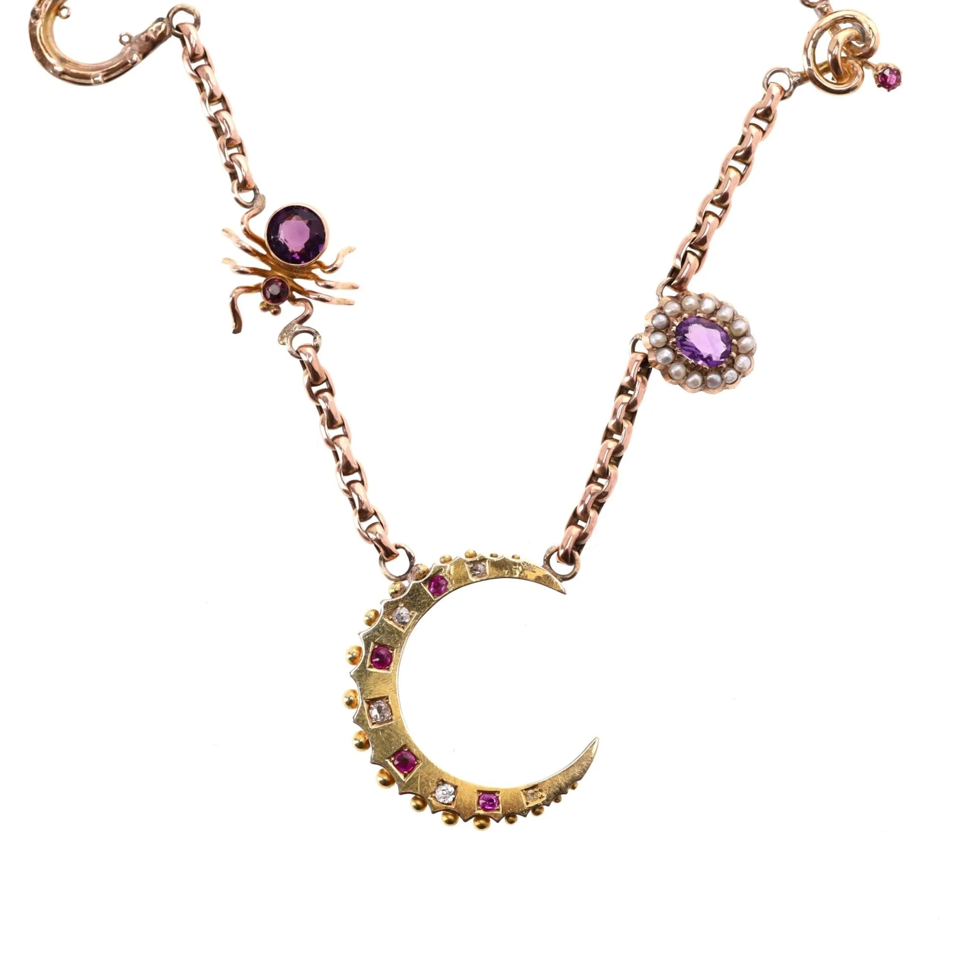 Victorian 15ct Rose Gold, Diamond, Ruby, Amethyst Charm Necklace