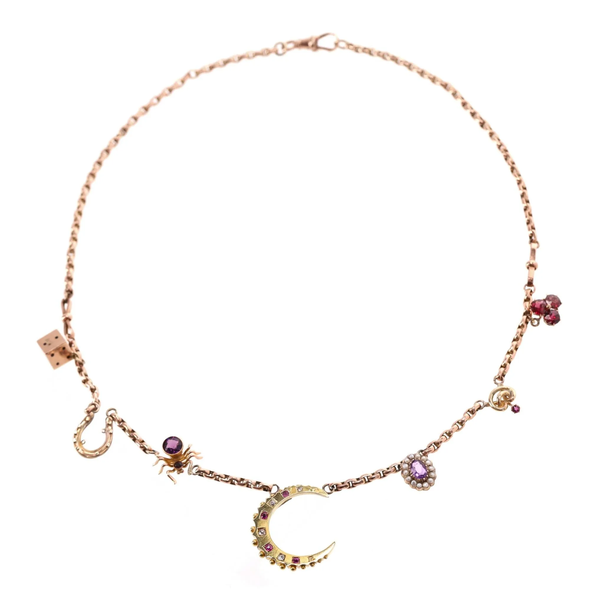 Victorian 15ct Rose Gold, Diamond, Ruby, Amethyst Charm Necklace