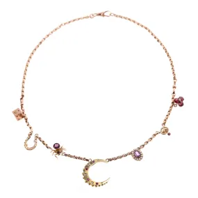 Victorian 15ct Rose Gold, Diamond, Ruby, Amethyst Charm Necklace