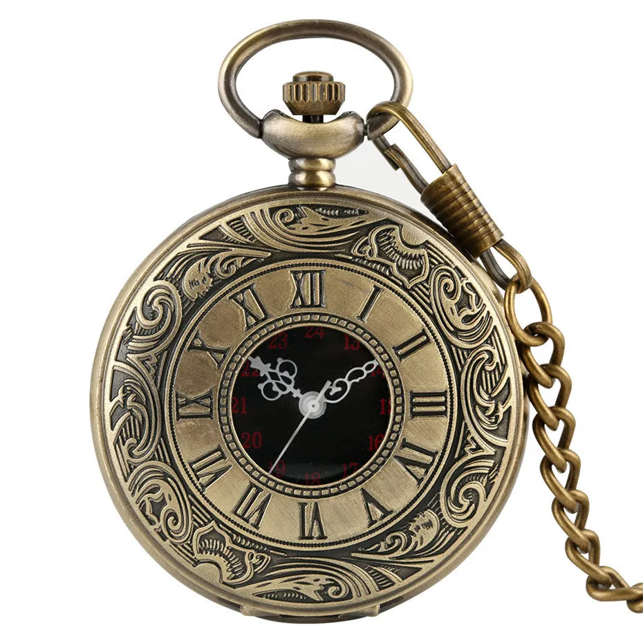 Vintage Charm Black Unisex Fashion Roman Number Quartz Steampunk Pocket Watch Women Man Necklace Pendant with Chain Gifts P427