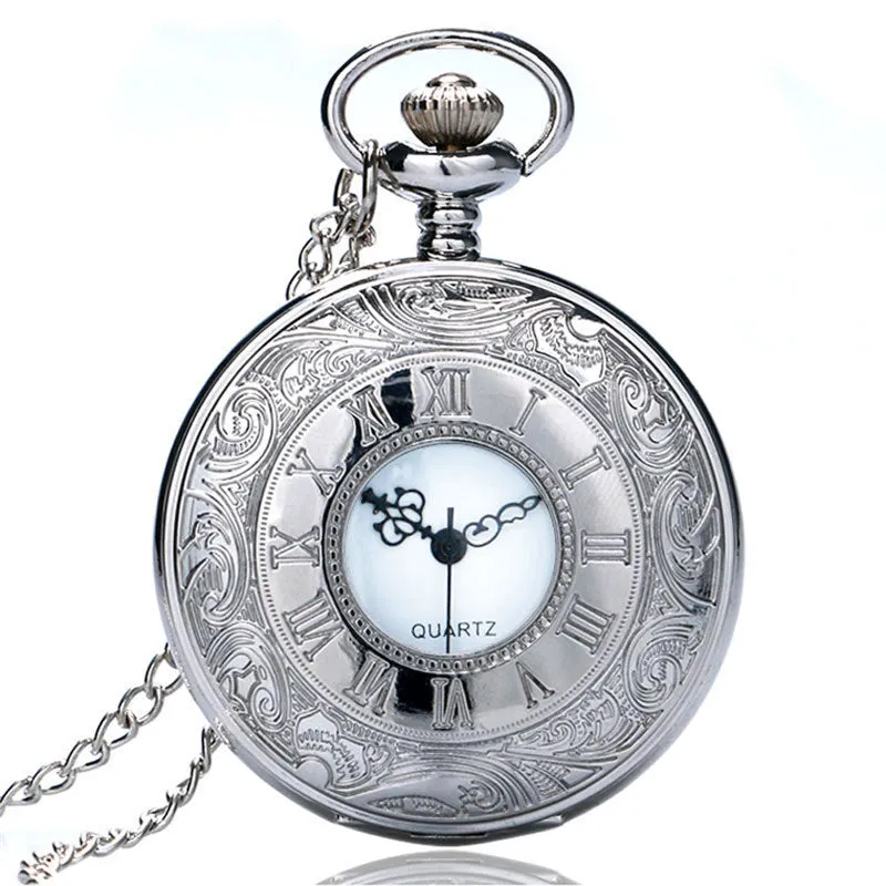 Vintage Charm Black Unisex Fashion Roman Number Quartz Steampunk Pocket Watch Women Man Necklace Pendant with Chain Gifts P427