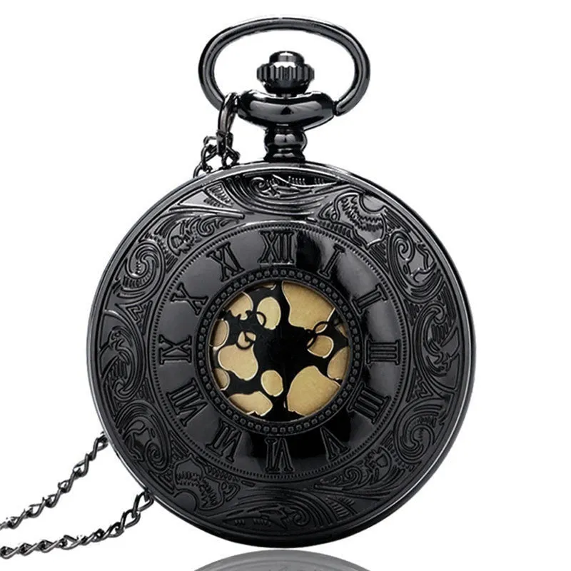 Vintage Charm Black Unisex Fashion Roman Number Quartz Steampunk Pocket Watch Women Man Necklace Pendant with Chain Gifts P427