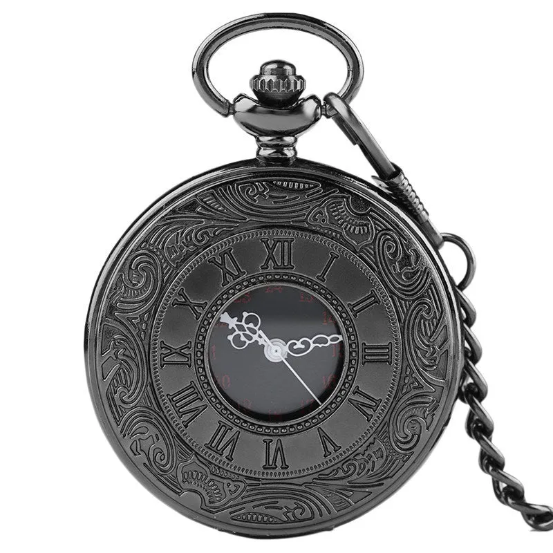 Vintage Charm Black Unisex Fashion Roman Number Quartz Steampunk Pocket Watch Women Man Necklace Pendant with Chain Gifts P427