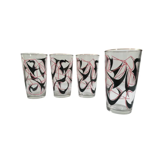 Vintage Pink and Black Abstract Glasses (Set of 4)