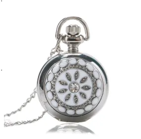 White Pearl Flower Vintage Style Mini Pocket Watch Necklace For Woman