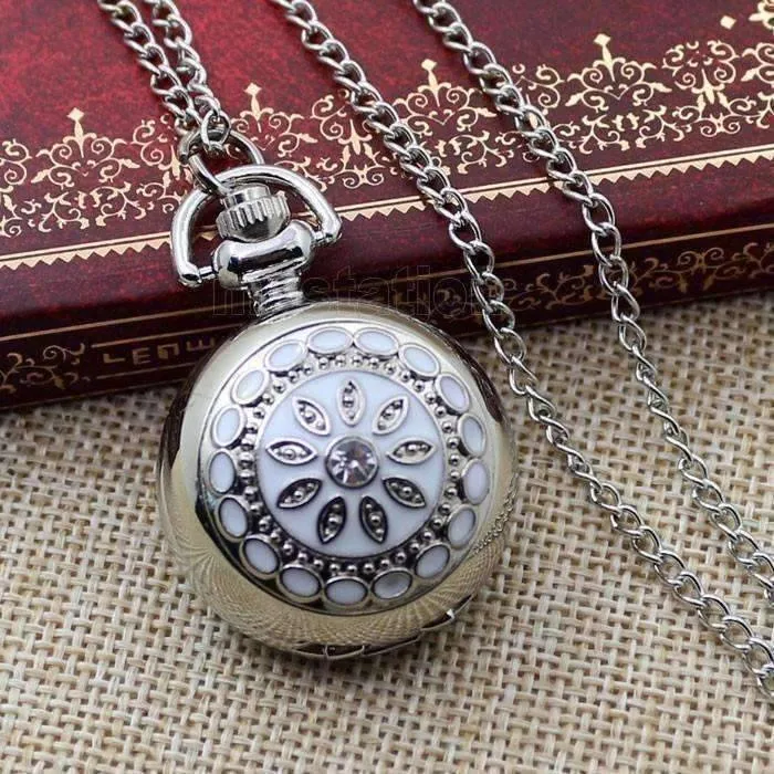 White Pearl Flower Vintage Style Mini Pocket Watch Necklace For Woman