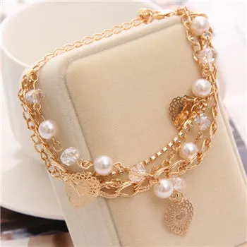 Woman Gold Chain Heart & Bangles Charm Bracelets