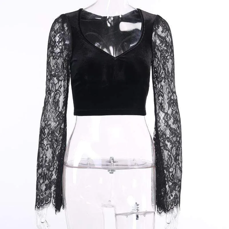 Women's Gothic Lace Flare Sleeved Splicing V-neck Velvet Tops