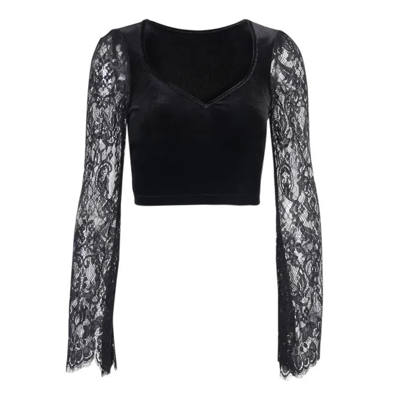 Women's Gothic Lace Flare Sleeved Splicing V-neck Velvet Tops