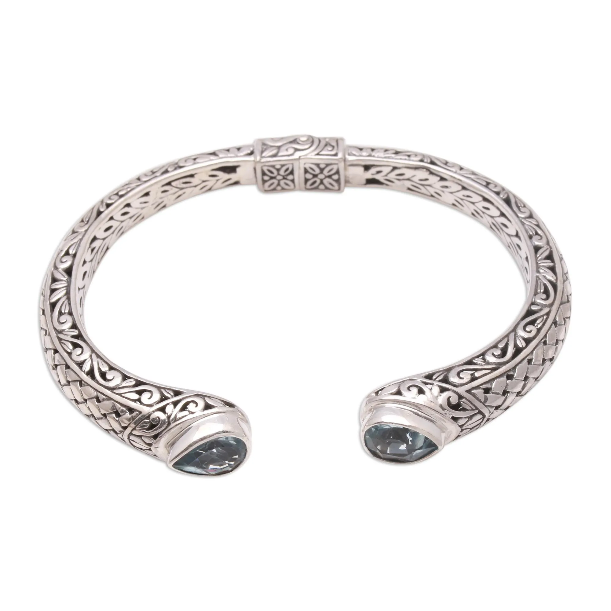 Woven Drops Weave Pattern Blue Topaz Cuff Bracelet from Bali